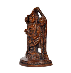 Side view Tirupati idol statue with folded drapes and detailed base, dark bronze tone