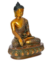 Brass Buddha statue angled view, meditating on lotus base with Dhyan mudra hand gesture