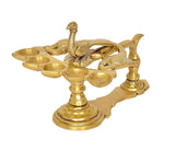 Brass peacock diya oil lamp, round base with four bowl cups and detailed peacock body
