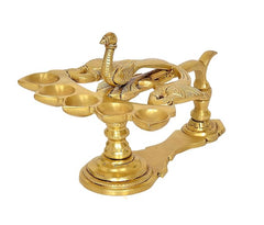 Brass peacock diya oil lamp, round base with four bowl cups and detailed peacock body