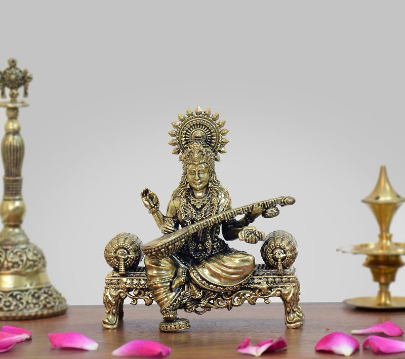 Fine Brass Ganesha laxmi Saraswati Idol on Singhasan (Height 4 Inch)
