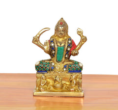 Santoshi Maa brass statue, front view; gold face with red headmark and jeweled outfit