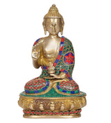 Brass Buddha idol statue with gem-studded robe and lotus base, front view