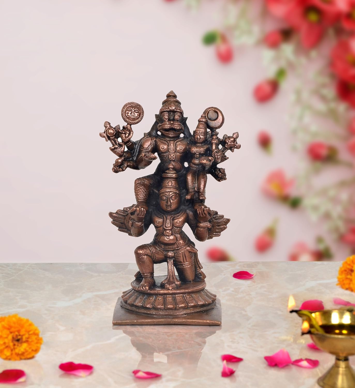 Copper Laxmi Narasimha Swamy on Garuda Laxmi Narashimar Statue for Home, Mandir Pooja Decor Idol (Height: 5 Inch)