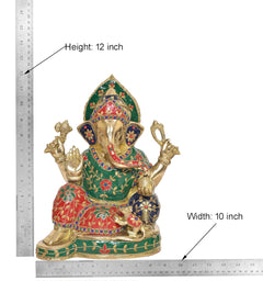 Ganesha brass idol size: height 12 in, width 10 in, seated on decorated pedestal