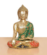 Brass Buddha statue front view seated, Bhumisparsha mudra, red patterned legs