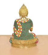 Brass Buddha idol, back/side view, multicolor jeweled robe, ornate golden base