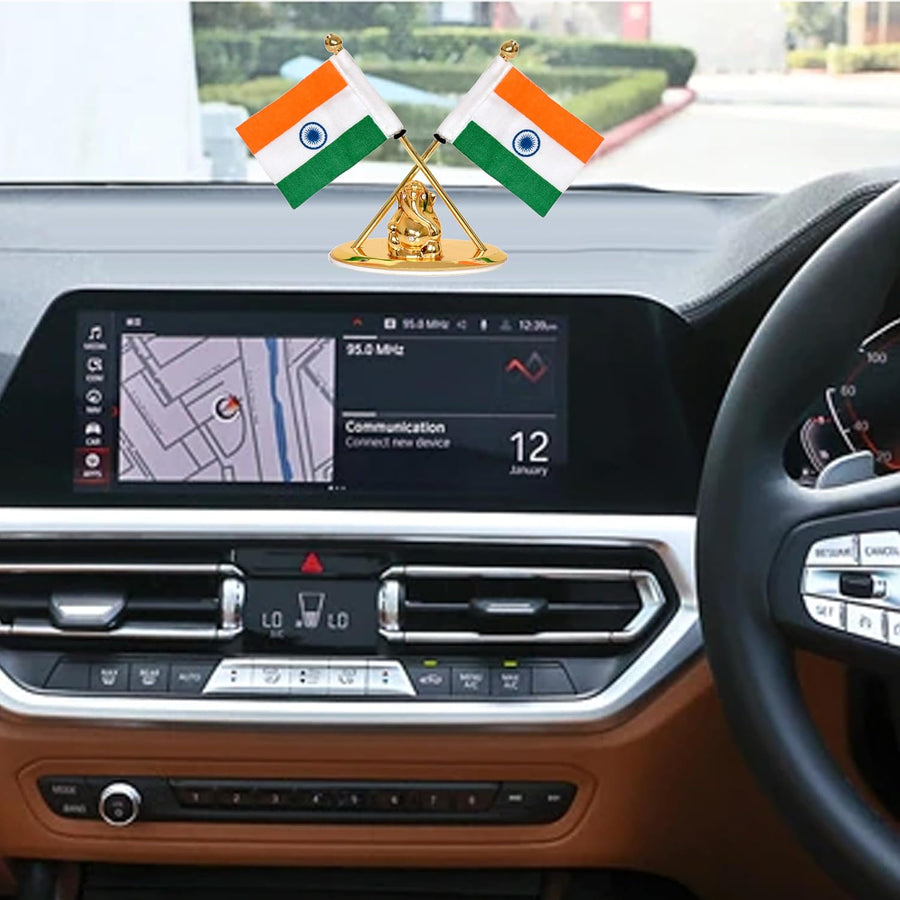 Auto dashboard decor: metal Indian flag with Ganesh, two flags on gold stand