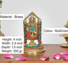 Brass Tirupati Bala Ji idol, 4 inch, multicolor inlay with jeweled arch frame