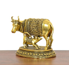 Gold brass cow and calf figurine, rear 3/4 view, filigree blanket and pedestal base