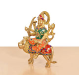Durga Maa auf Löwe, Messingidol in Grün- und Rot-Tönen, seitliche Ansicht
