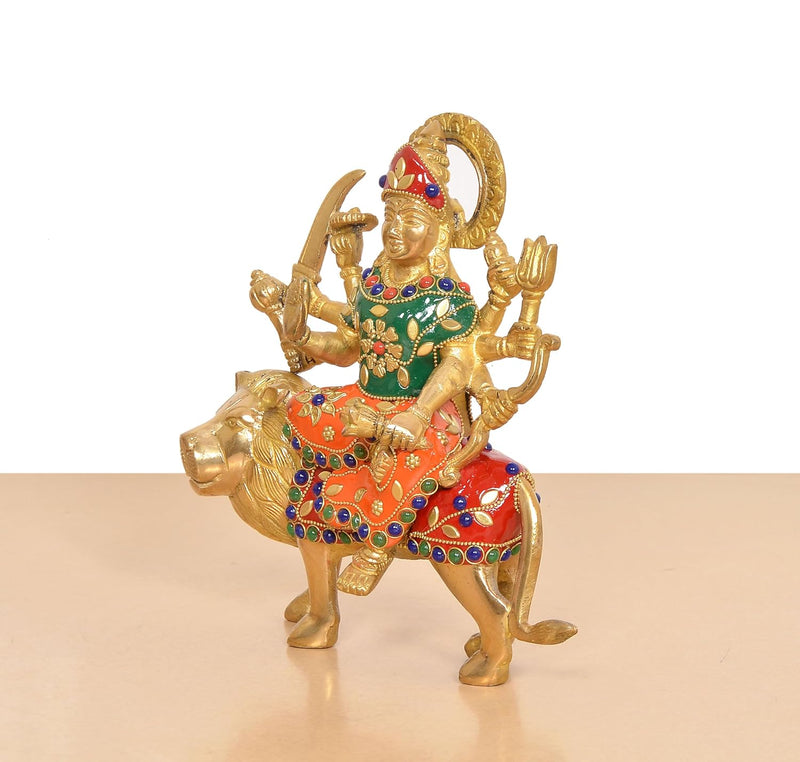 Brass Durga Maa with Lion Idol (Height: 8 inch)