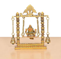 Brass Ganesha swing idol with arched top, multicolor Meenakari ornamentation