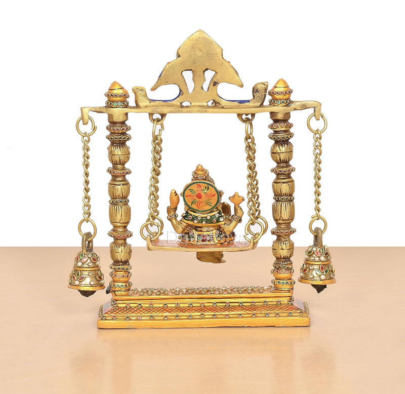 Brass Ganesha On Swing with Two Parrot Holding Chain Idol (Height 10 Inch)