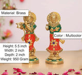 Brass Radha Krishna idol set, side view with jeweled gold details, 5.5 in height