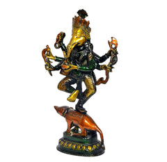 Brass six-armed dancing Ganesha idol on a brown mouse, detailed jewelry and crown