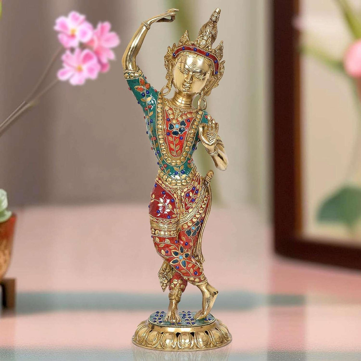 Standing dancing Tara Devi statue, brass tone with jeweled blue and red detailing