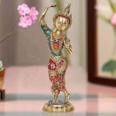 Standing dancing Tara Devi statue, brass tone with jeweled blue and red detailing