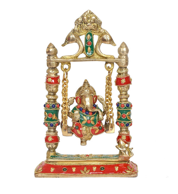 Brass Ganesha Swinging Jhula Ganesh Jhoola Decorative Showpiece Multicolour for Home Decor Mandir Pooja Temple (Height:9 Inches) Study Setting