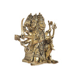 Brass Panchmukhi Hanuman idol, side view showing multi-faced crown and holding weapons