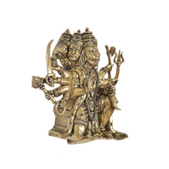 Brass Panchmukhi Hanuman idol, side view showing multi-faced crown and holding weapons