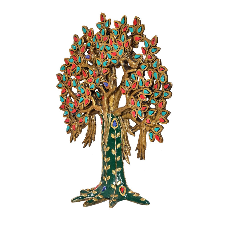 Brass Kalpavriksha Tree Table Standing with Stonework for Home Decor and Ofice Teble Decor Figurine (Height: 10 inch)