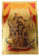 Radha and Krishna together on goldfoil wall poster with ornate framed border