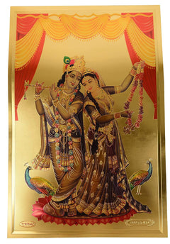 Radha and Krishna together on goldfoil wall poster with ornate framed border