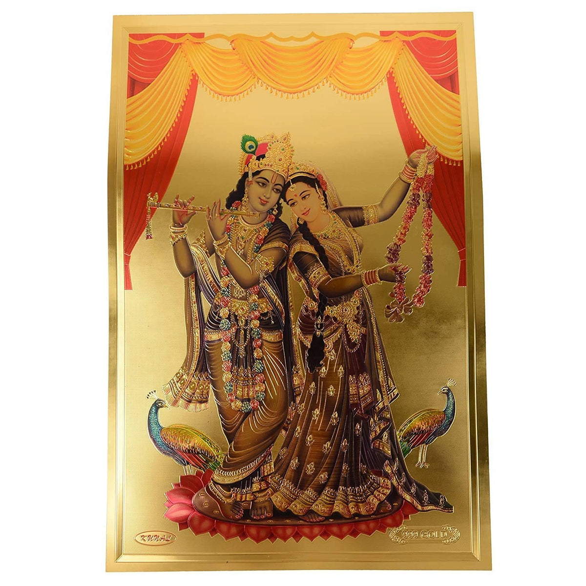Radha-Krishna Goldfoil Wall Poster (30x45 cm) with peacocks and draped curtains