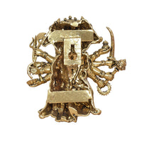Brass Panchmukhi Hanuman idol, back view with raised relief and trident-like ornaments