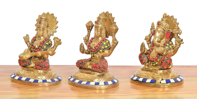 Brass Lakshmi Ganesh Saraswati Idol (Height: 5 Inch)