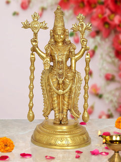 Brass Tirupati Bala Ji idol statue, ornate four-armed figure on round pedestal