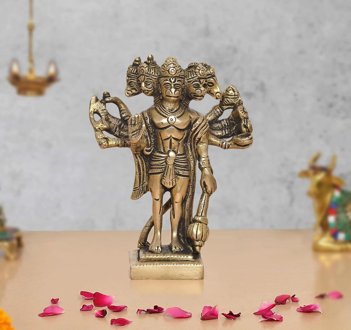 Brass standing Panchmukhi Hanuman idol with five faces, 6 inch, golden finish