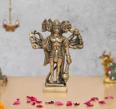 Brass standing Panchmukhi Hanuman idol with five faces, 6 inch, golden finish