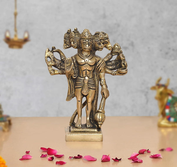 Brass Standing Panchmukhi Hanuman Idol (Height 6 Inch) Mandir Setting