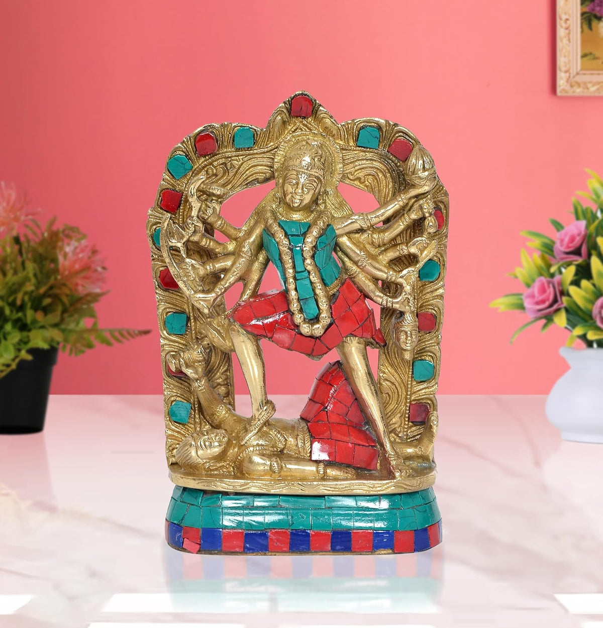 AONA Mahakali Kali mata brass idol with Shivji, colorful gemstone-look detailing