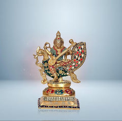 AONA Brass Saraswati sitting on swan temple deity figurine, painted details