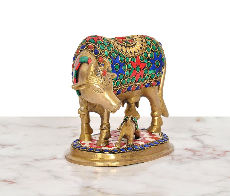 Brass Kamdhenu Cow with Calf Showpiece (Height: 5 inch)