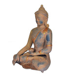 Brass Buddha statue holding bowl on lap, seated posture, blue patina with gold trim