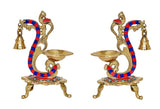 Pack of 2 brass diya stands shaped like peacock birds with two hanging bell cups