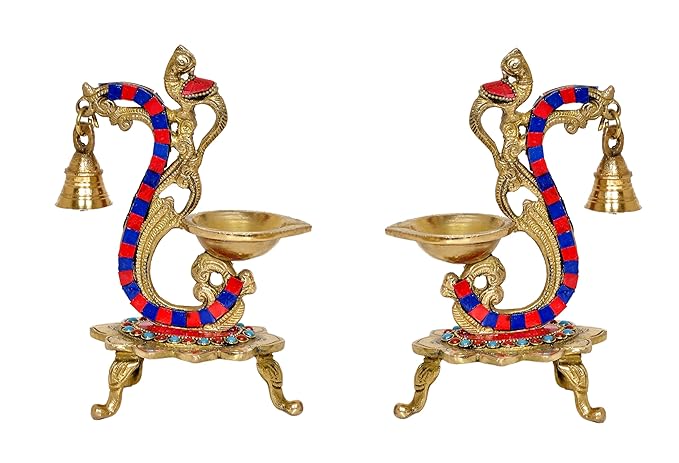 Brass Pair of Bird Peacock Oil Lamp Stand | Bell Diya | (Pack of 2) Height :8 inches Craft Detail