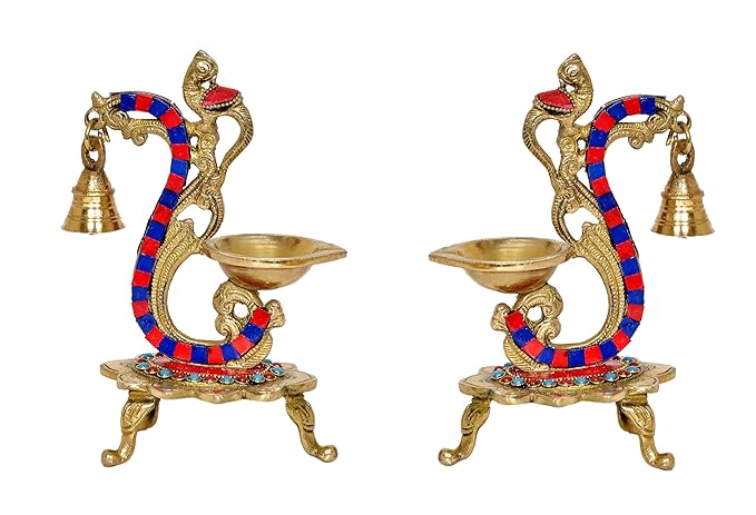 Brass Pair of Bird Peacock Oil Lamp Stand | Bell Diya | (Pack of 2) Height :8 inches