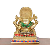 Back view Ganesha idol with circular halo disc, multicolour jeweled neckline