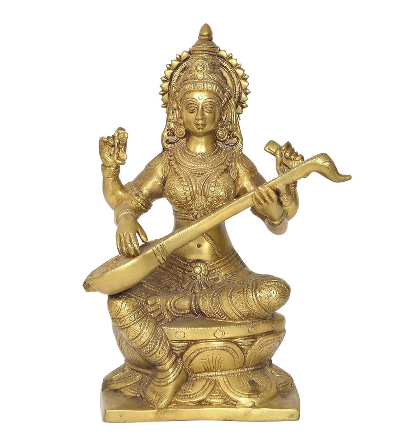 Brass Maa Saraswati Statue Handcrafted Hindu Goddess Saraswati Idol for Home Decor and Pooja Statue (Height 12 Inch)