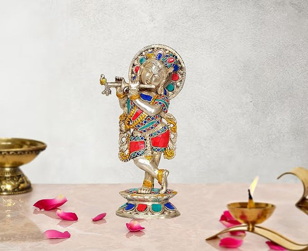 Brass Lord Krishna Idol Figurine Sculpture Playing Flute Statue Multicolor Decorative Showpiece, (Height 17 Inch)