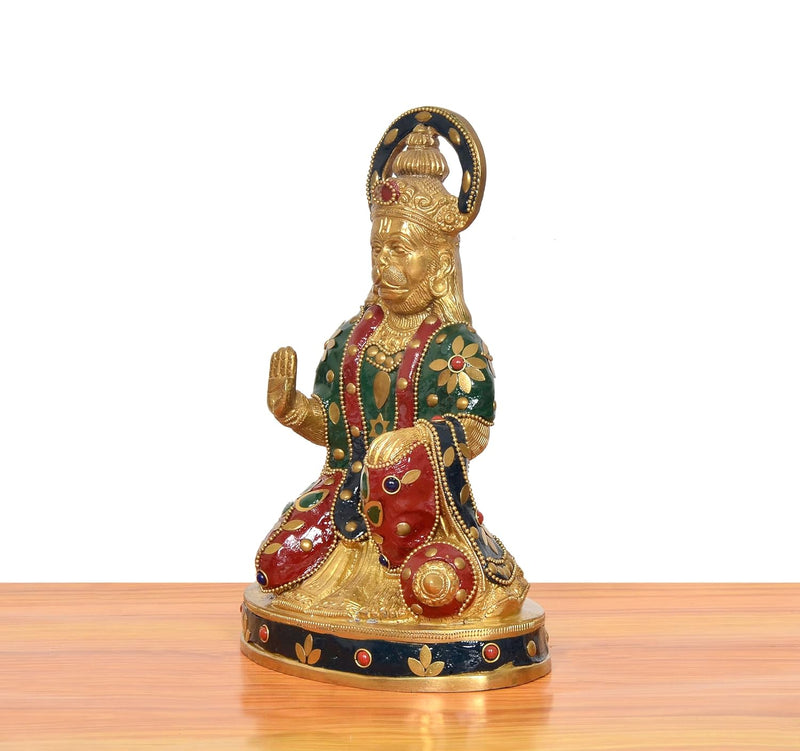 Brass Hanuman Ji Sitting Murti in Blessing Posture with Gada (Height: 9 inch)