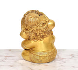 Brass Bal Ganesha murti, rear side view, flowing mane and engraved base