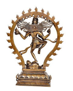 Brass dancing Lord Shiva Nataraj idol statue from back view with halo and base