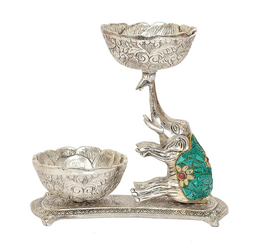 Metal Elephant Dry Fruit Bowl Showpiece Gold Polish for Home Decor Room Table & Gift Diwali,Raksha Bandhan (Height 8 Inch) (Silver Multicolor Elephant)