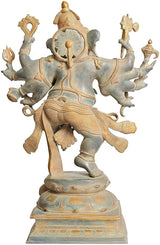 Brass Ganesha statue, four arms raised and four at sides, detailed halo back